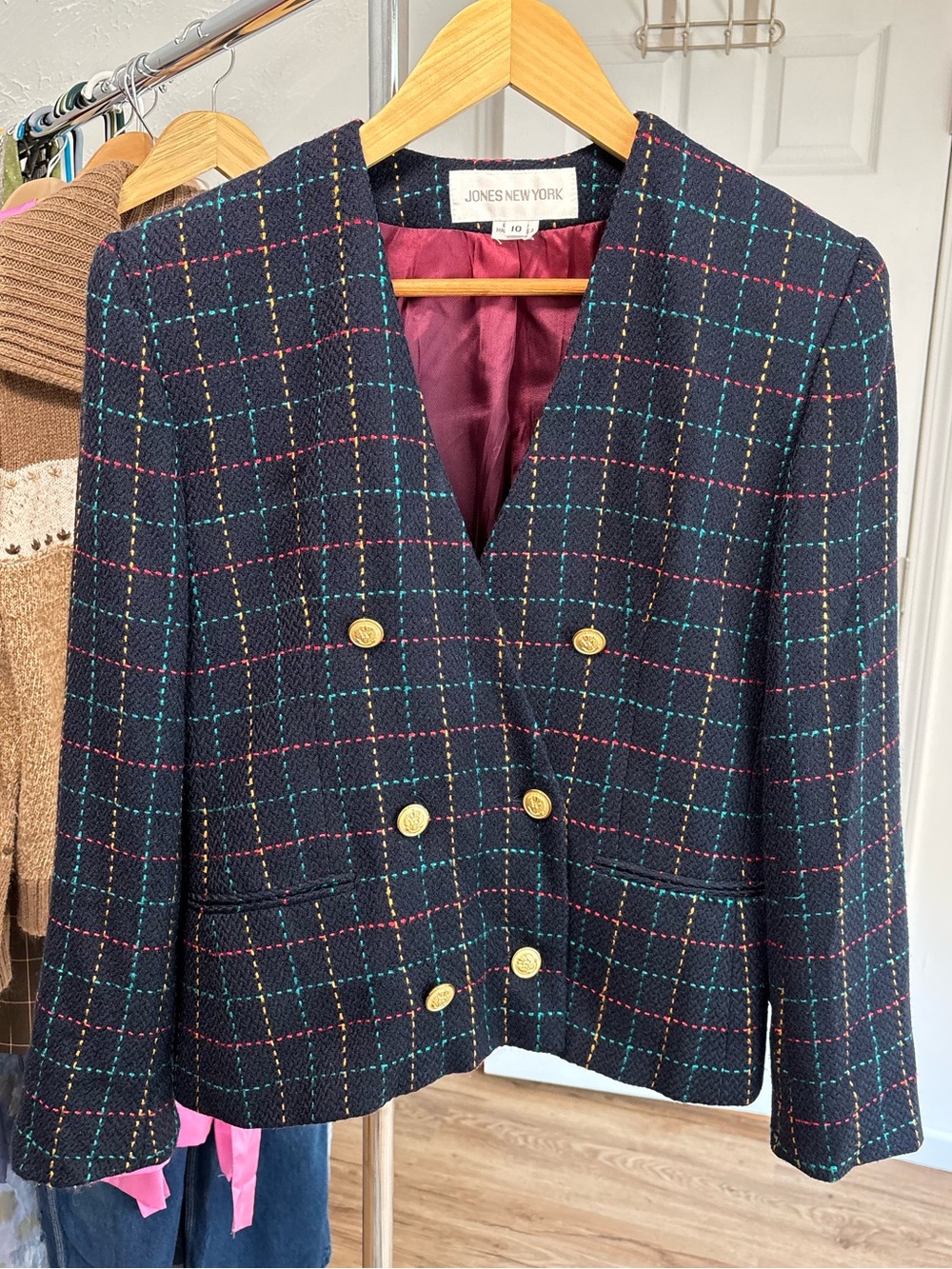 Vintage wool, tweed plaid double breasted blazer. Jones New York sz10,runs small